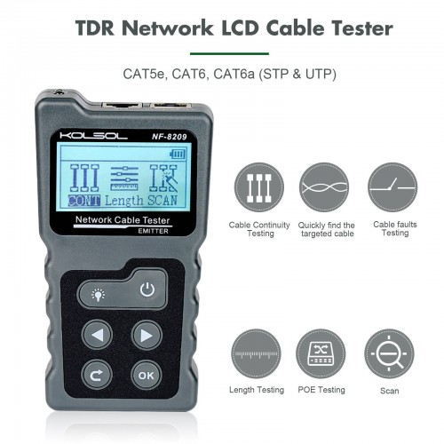 KOLSOL NF-8209 LCD Display Measure Length Lan Cable POE Wire Checker Cat5 Cat6 Lan Test Network Tool Scan Cable Wiremap Tester
