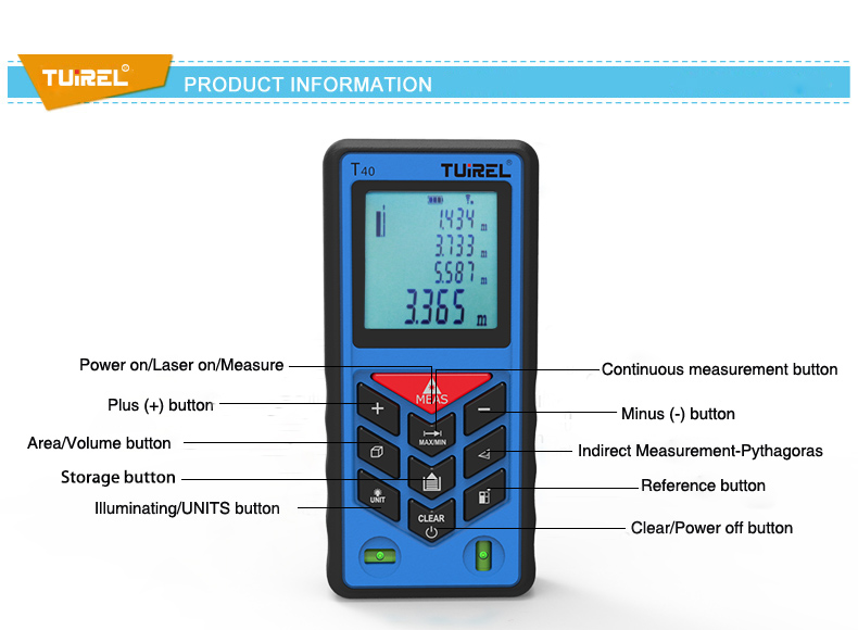 Tuirel T40 Handheld 40m/131ft/1574in Laser Distance Meter product instruaction